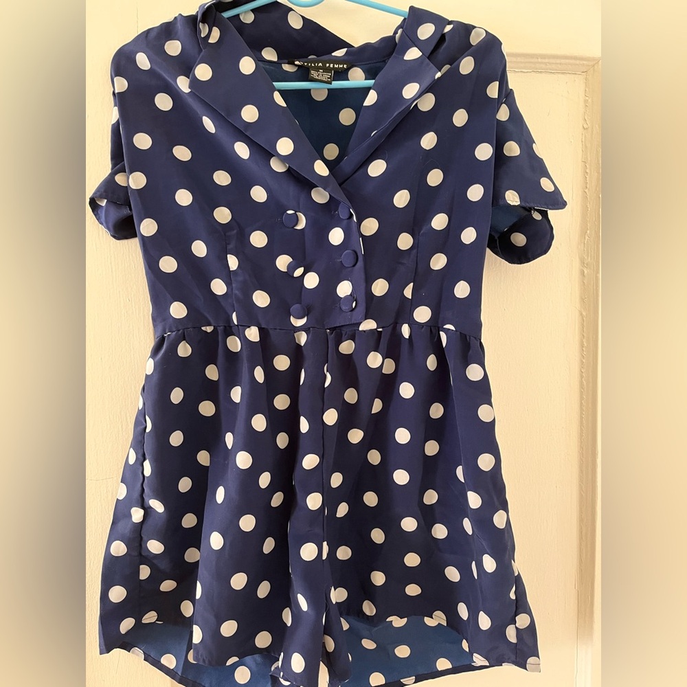 Antilia Femme Navy and White Polka Dot Romper